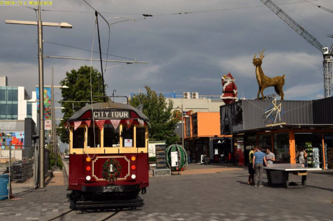 Photo of the month.  David Maciulaitis recently posted this picture related to the festive season. Taken in the “Re-Start” mall in Cashel Street, Christchurch. Showing a decorated tram and the “temporary” containers which have been operating since October 2011 following the February 2011 earthquake. Note the table tennis table in place.